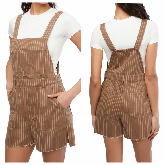 WeWoreWhat Pants - WeWoreWhat Brown Pinstripe Cut-Off Overall Shorts NWT Size M